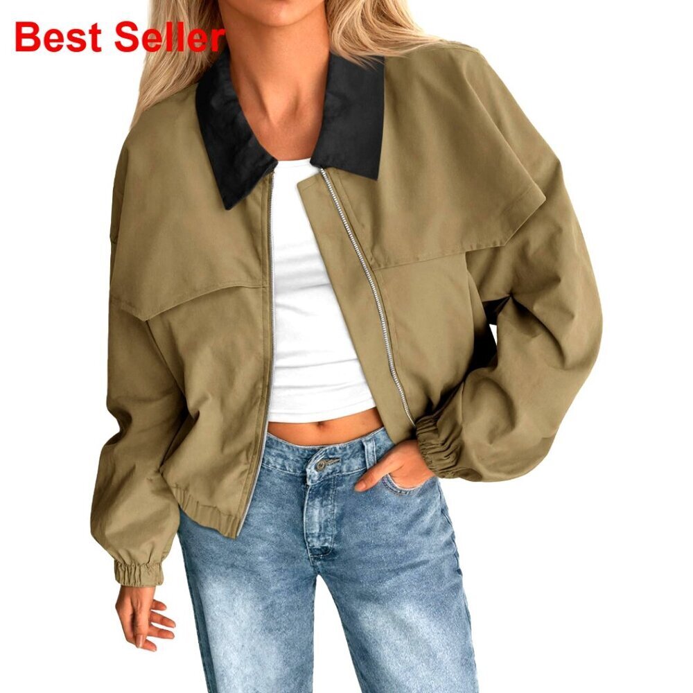 Cropped Barn Jacket Zip Up Oversized Bomber Lightweight Casual Utility